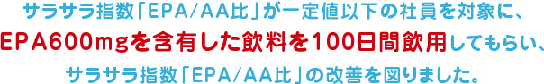 サラサラ指数「EPA/AA比」が一定値以下の社員を対象に、EPA600mgを含有した飲料を100日間飲用してもらい、サラサラ指数「EPA/AA比」の改善を図りました。