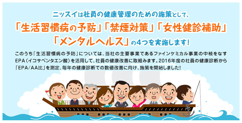 社員の健康管理のための施策として、「生活習慣病の予防」「禁煙対策」「女性健診補助」「メンタルヘルス」の4つを実施します