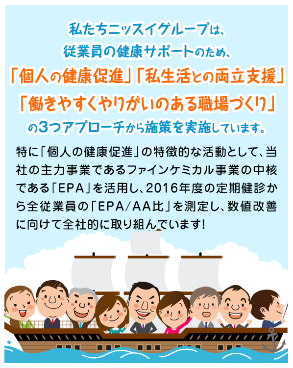 私たちニッスイグループは、従業員の健康サポートのため、 「個人の健康促進」「私生活との両立支援」 「働きやすくやりがいのある職場づくり」の3つのアプローチから施策を実施しています。