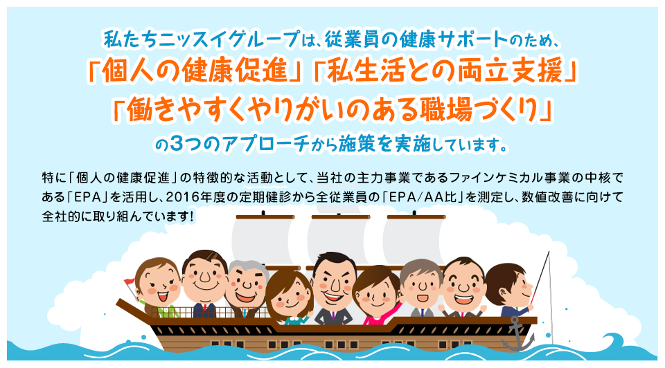 私たちニッスイグループは、従業員の健康サポートのため、 「個人の健康促進」「私生活との両立支援」 「働きやすくやりがいのある職場づくり」の3つのアプローチから施策を実施しています。