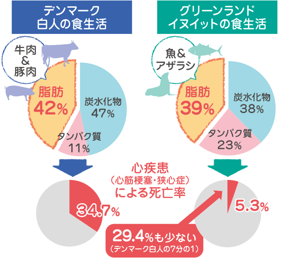 図:デンマークの白人とグリーンランドのイヌイットの食生活の違いと心疾患による死亡率の違い