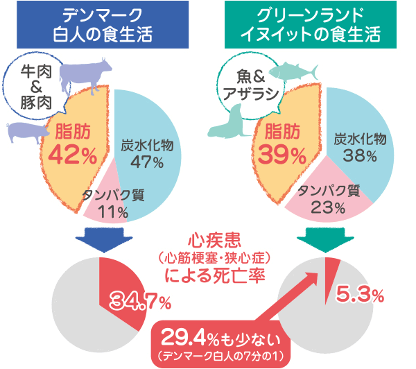 図：デンマークの白人とグリーンランドのイヌイットの食生活の違いと心疾患による死亡率の違い